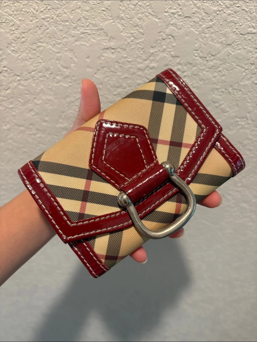 Burberry Nova Check Plaid Wallet with Red Trim